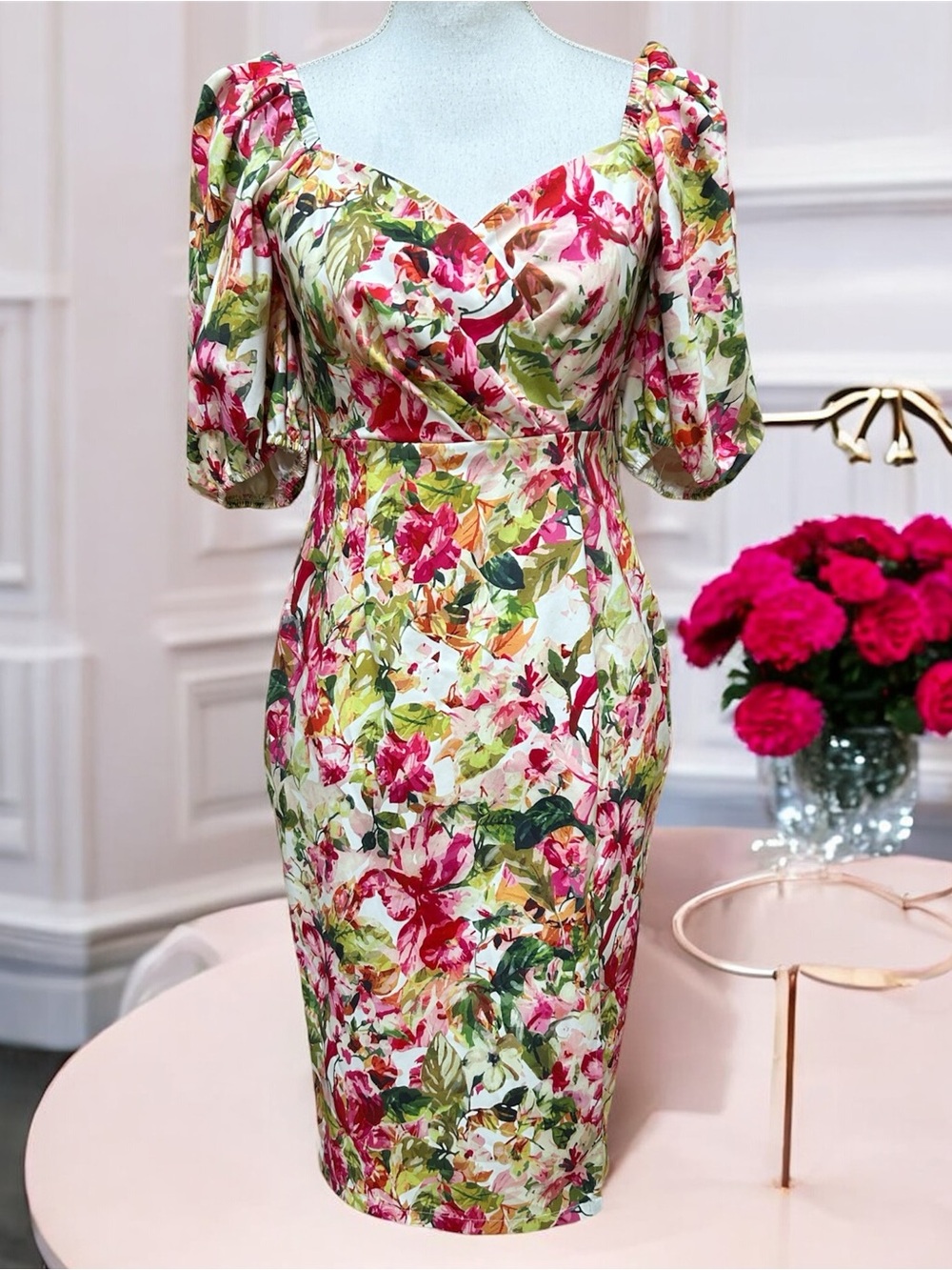 Donnee Par Dieu Floral Botanical Sweetheart Neckline Puff Sleeve Cocktail Dress